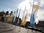 Festivals flags on Market Square in Krakow 